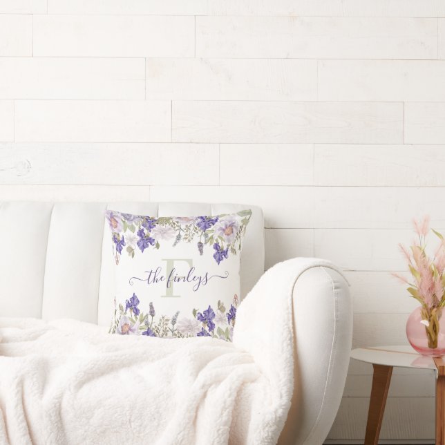 Oreiller Lavande Iris Aquarelle Monogrammé (Canapé)