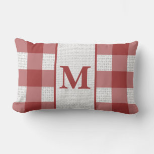 Oreiller lombaire monogrammé à carreaux rouges et 