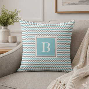 Oreiller Monogramme Chevron Bleu Gris Blanc