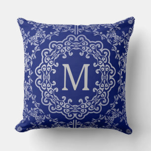 Oreiller Motif Motif Lève Monogramme Bleu & Argent