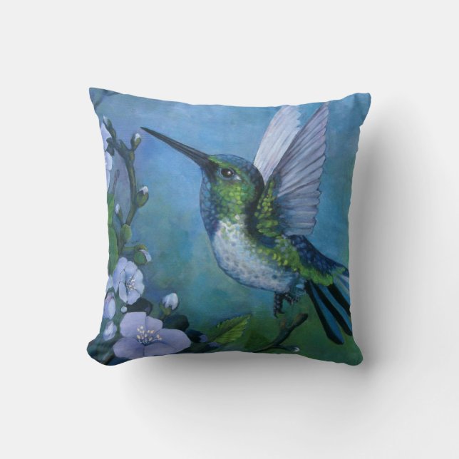 Oreiller Oiseau-Mouche Bleu fleurs douces Explosio (Recto)