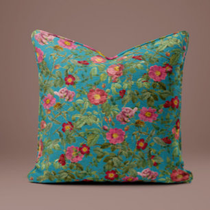 Oreiller Rose Rose Vintage sur Fond Bleu Paon