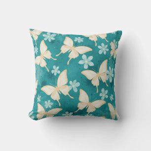 Oreiller sarcelle papillon et floral vintage