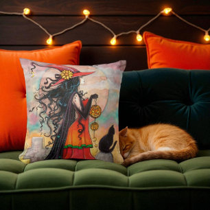 Oreiller sorcière et chat noir pour Halloween