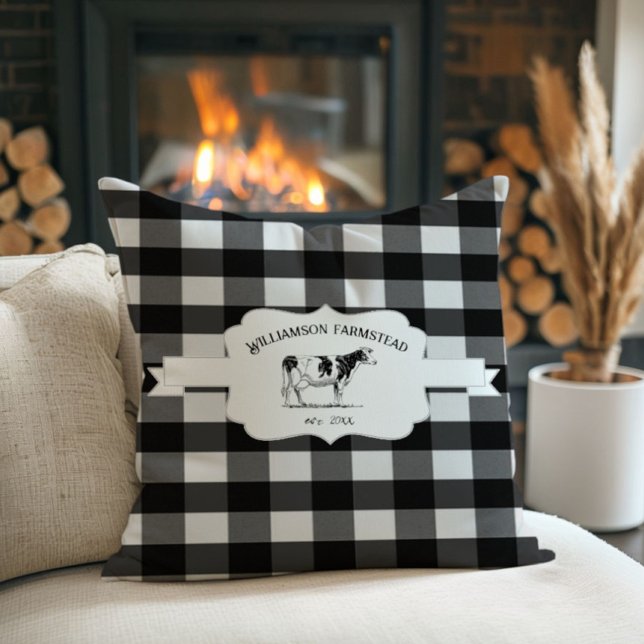 Oreillers à lancer de vache de la ferme à Buffalo  (Black Buffalo Plaid Farm Cow Throw Pillow)