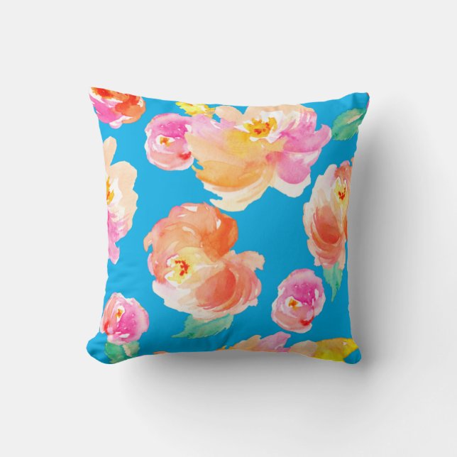 Oreillers à lancer turquoise orange et rose floral (Recto)