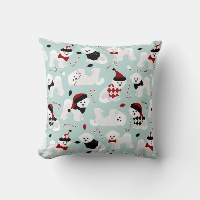 Oreillers Bichon Frise de Noël bleu Jeu (Recto)