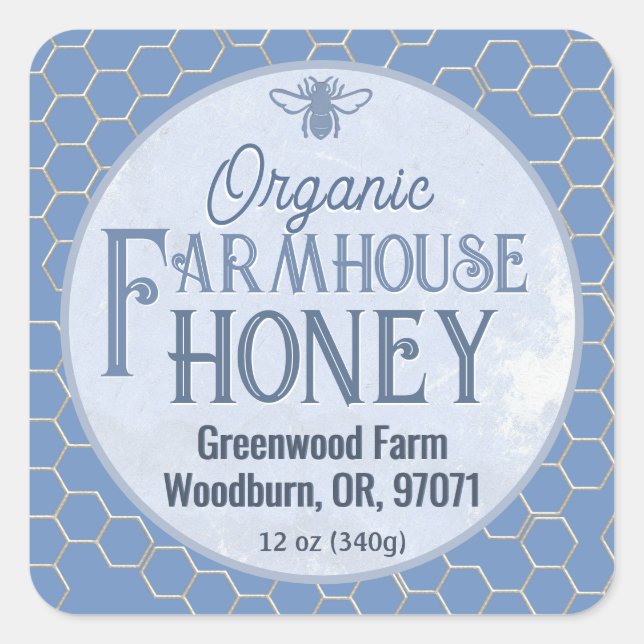 Organic ARTISAN HONEY Rustic Farmhouse Blue Floral Square Sticker (Front)