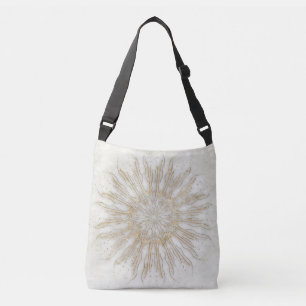 Organic boho style sunburst mandala golden white crossbody bag