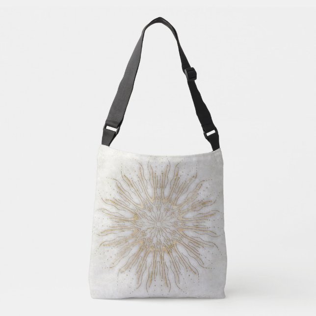 Organic boho style sunburst mandala golden white crossbody bag (Front)