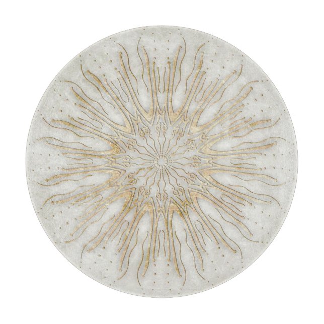 Organic boho style sunburst mandala golden white cutting board (Front)