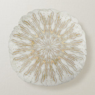 Organic boho style sunburst mandala golden white round pillow