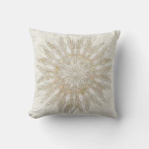 Organic boho style sunburst mandala golden white throw pillow