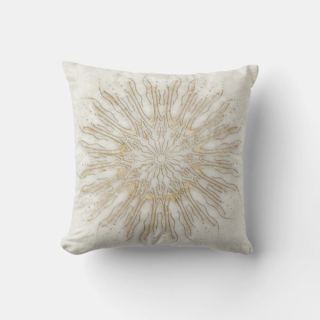 Organic boho style sunburst mandala golden white throw pillow (Front)