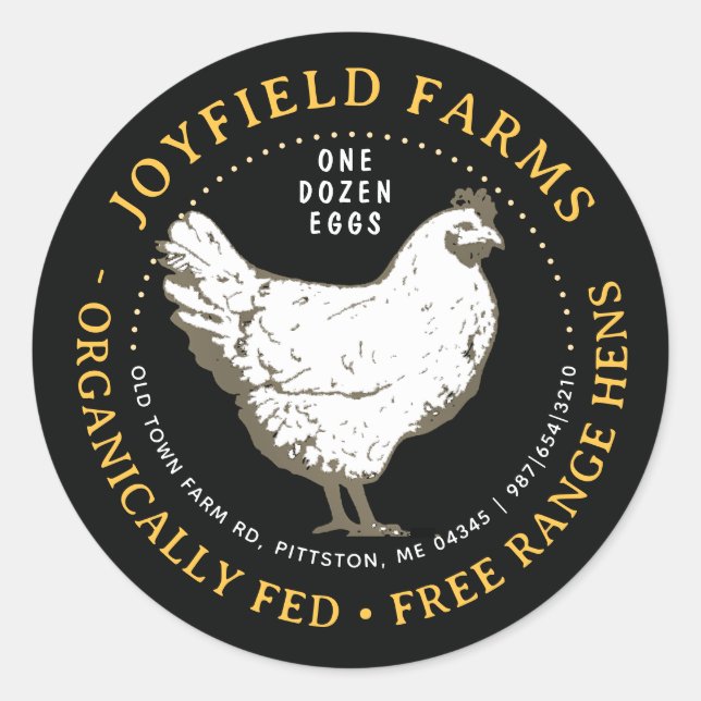 ORGANIC EGGS CARTON LABEL White Hen on Black  (Front)