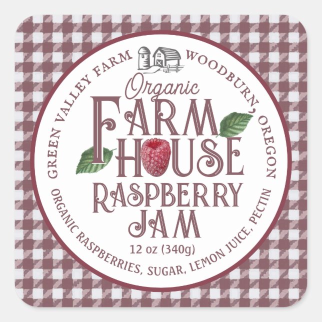 Organic Farmhouse Raspberry Jam Red Gingham Label (Front)