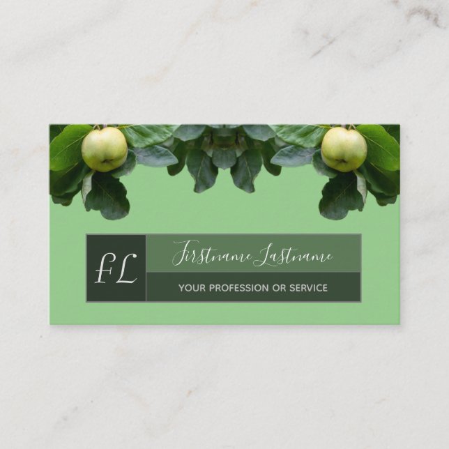 Organic green apple tree grey rectangle monogram business card (Front)