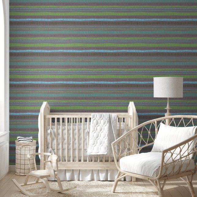 Organic Green Blue Horizontal Boho Stripes Wallpaper (Kids)