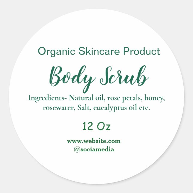 Organic green nature body scrub butter add name in classic round sticker (Front)