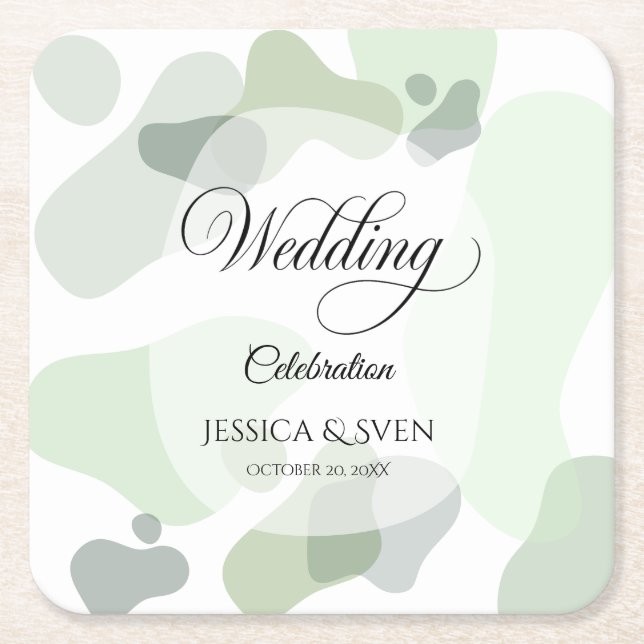 Organic Greenery Geometric Abstract Wedding Square Paper Coaster (Front)