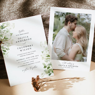 Organic Greenery Sage Wedding Photo Back Invitation