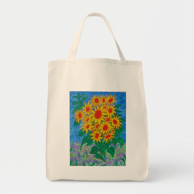 Organic Grocery Tote -sunflowers in the garden (Front)