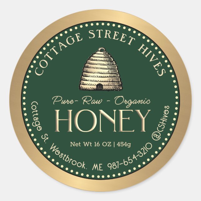 Organic Honey Label with Gold Skep Hive Green Gold (Front)
