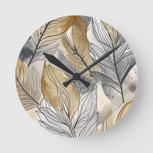 organic leafy watercolor art, gold grey round clock