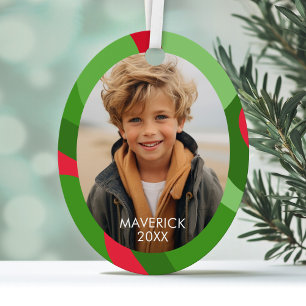 Organic Line Abstract Art - 1 Photo Green Red Metal Ornament