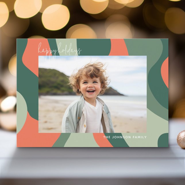 Organic Line Abstract Art - 1 Photo Jade Coral Holiday Card (Modern Holiday Greeting Card with a Family Photo)