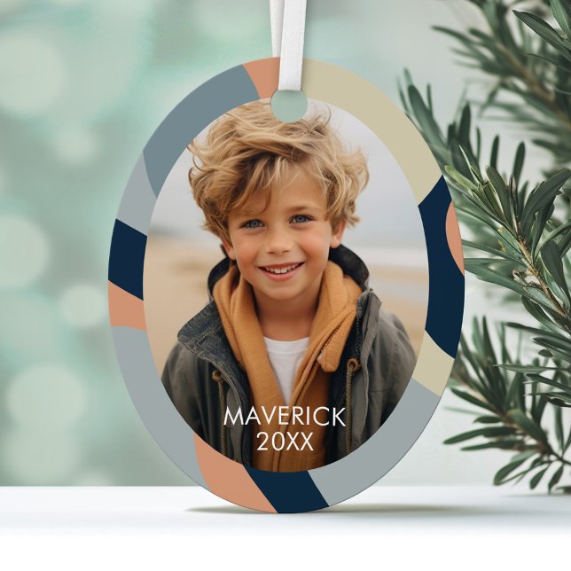 Organic Line Abstract Art - 1 Photo Navy Neutral Metal Ornament (Personalized Photo Ornament with a modern abstract design border)