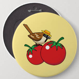 Organic Lover Sparrow Eating Red Tomato 6 Inch Round Button
