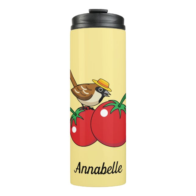 Organic Lover Sparrow Eating Red Tomato | Add Name Thermal Tumbler (Front)