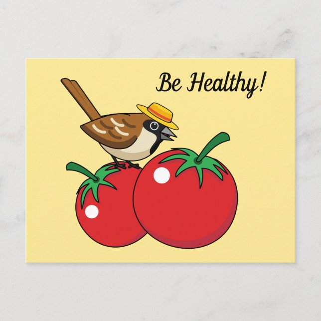 Organic Lover Sparrow Eating Red Tomato | Add Text Holiday Postcard (Front)