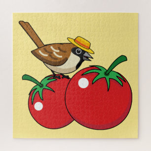 Organic Lover Sparrow Eating Red Tomato Jigsaw Puzzle