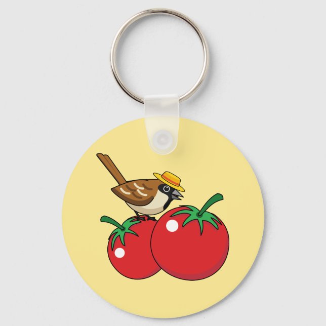 Organic Lover Sparrow Eating Red Tomato Keychain (Front)