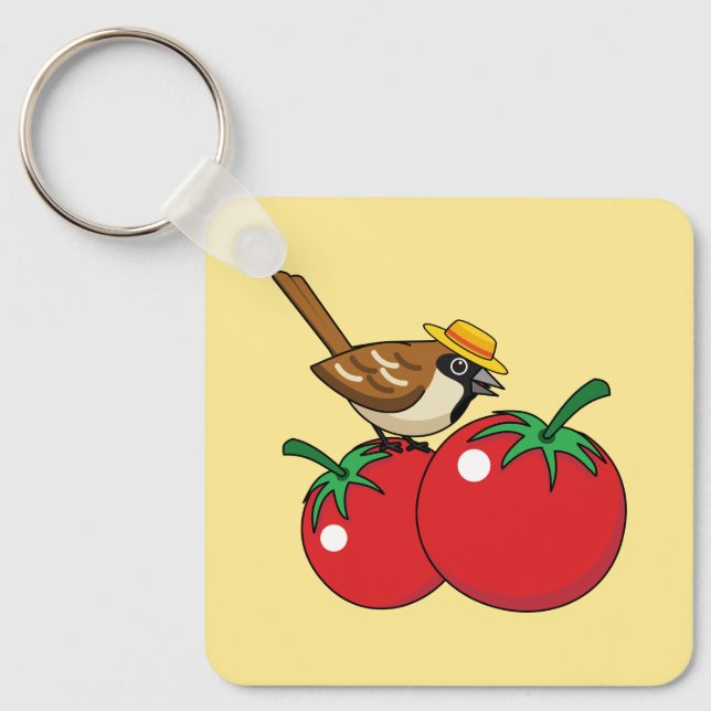 Organic Lover Sparrow Eating Red Tomato Keychain (Front)