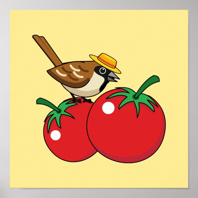 Organic Lover Sparrow Eating Red Tomato Poster (Front)