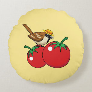 Organic Lover Sparrow Eating Red Tomato Round Pillow