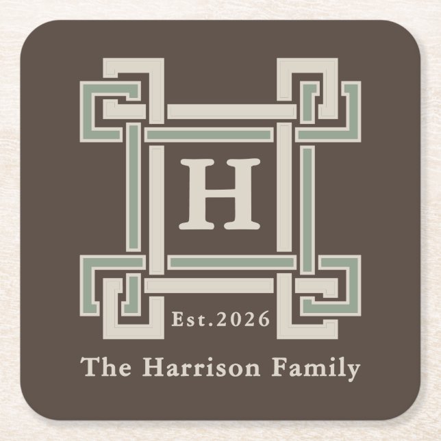 Organic Modern Sage Chocolate Monogrammed Square Paper Coaster (Front)