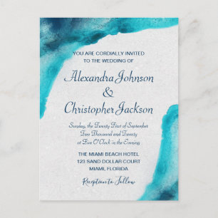 Organic Ocean Blue Watercolor Wedding Invitation Postcard