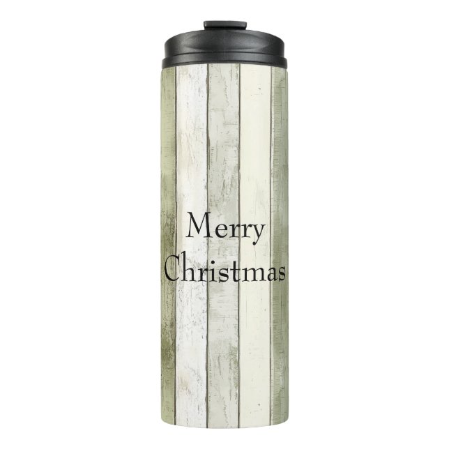 Organic Olive Ivory Faux Wood Stripes Christmas Thermal Tumbler (Front)