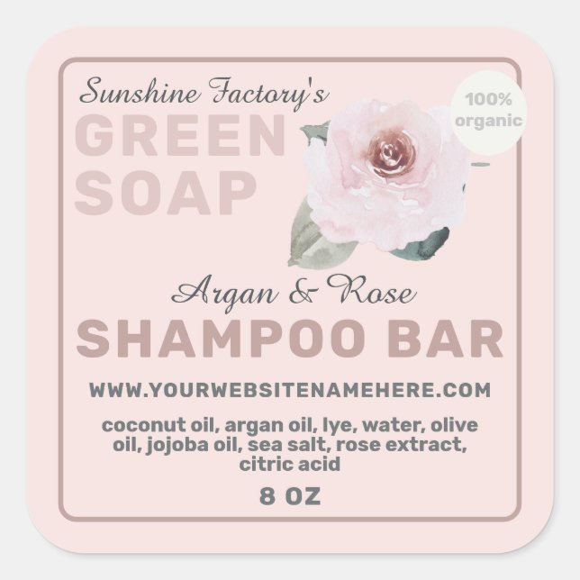 Organic Rose Argan Soap Shampoo Bar Pastel Pink Square Sticker (Front)