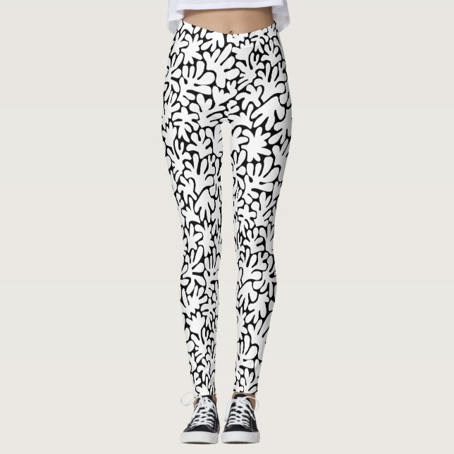Organic Shapes Abstract 240822 - White on Black Leggings (Front)
