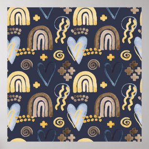 Organic shapes naive pattern with rainbow, heart.  poster