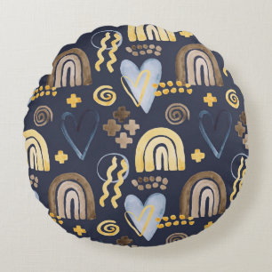 Organic shapes naive pattern with rainbow, heart. round pillow