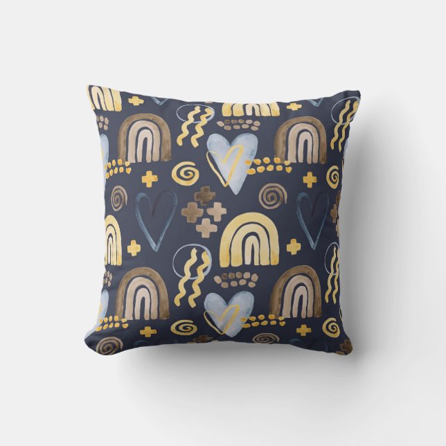 Organic shapes naive pattern with rainbow, heart.  throw pillow (Front)