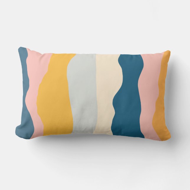 Organic Stripes in Mustard Pink Blue Grey Cream Lumbar Pillow (Front)