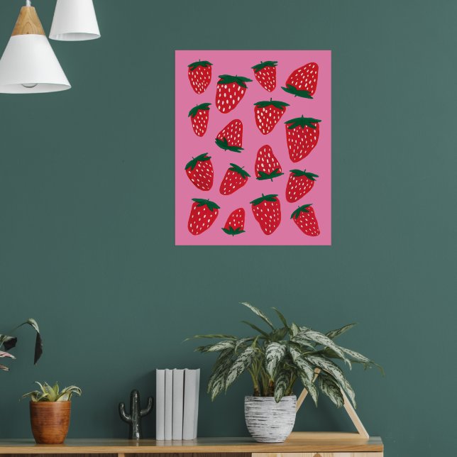 Organic summer strawberries red o pink background poster (Living Room 1)
