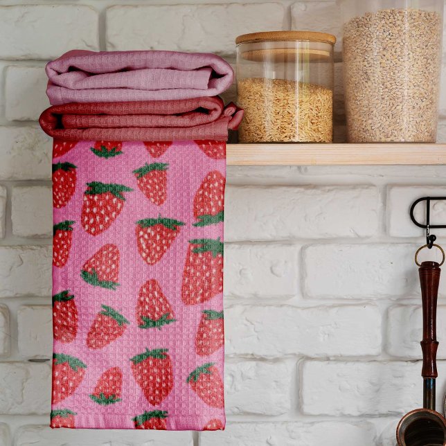 Organic summer strawberries red on pink background kitchen towel (Creator Uploaded)